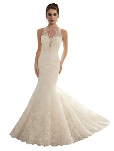 Compre Marfil Sirena Ilusión Cola capilla Encaje Vestidos de novia