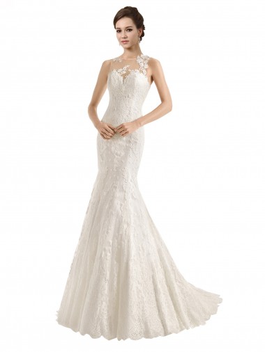 Compre Marfil Sirena Ilusión Cola capilla Encaje Vestidos de novia