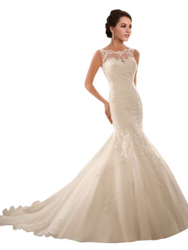 Compre Marfil Sirena Ilusión Cola capilla Tul Encaje Vestidos de novia