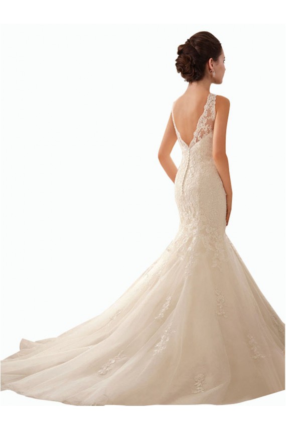 Compre Marfil Sirena Ilusión Cola capilla Tul Encaje Vestidos de novia