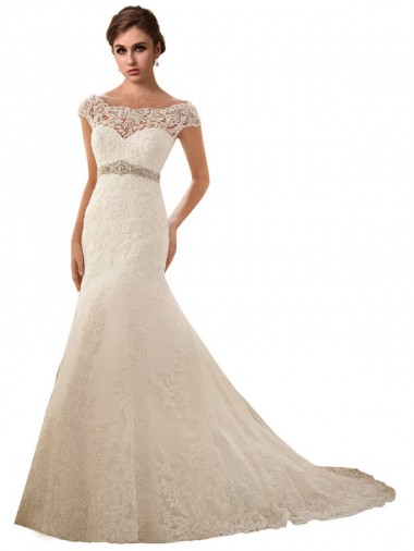 Compre Marfil Sirena Ilusión Cola capilla Tul Encaje Vestidos de novia