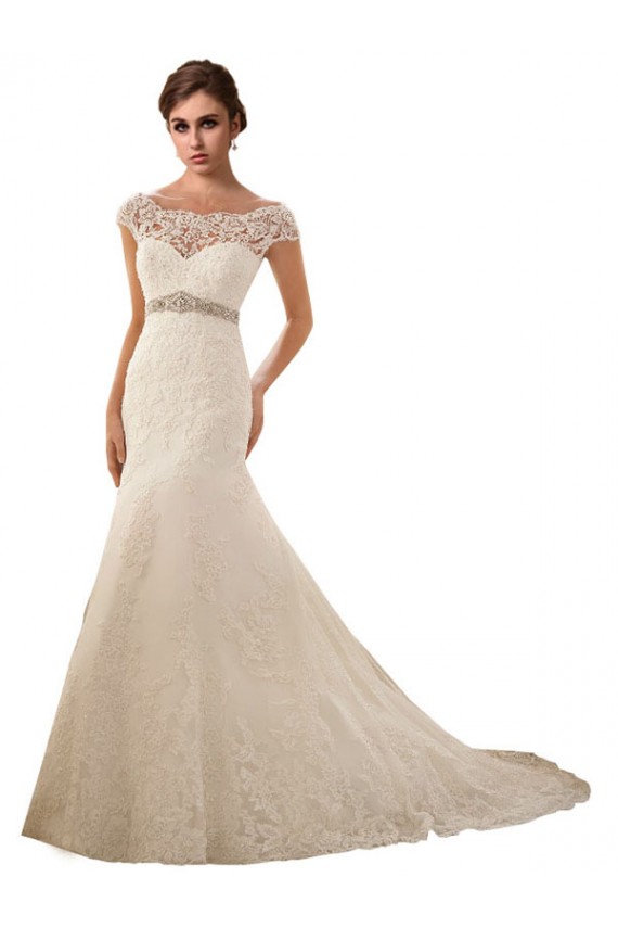 Compre Marfil Sirena Ilusión Cola capilla Tul Encaje Vestidos de novia