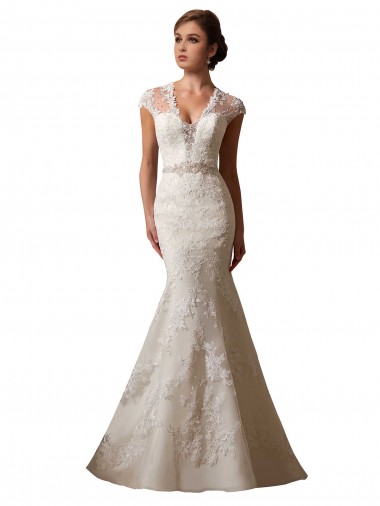 Compre Marfil Sirena Ilusión Cuello en V Cola capilla Tul Encaje Vestidos de novia