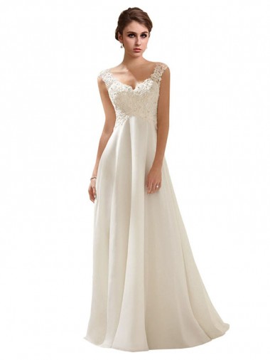 Compre Marfil línea A Cuello en V Barrer tren Gasa Encaje Vestidos de novia