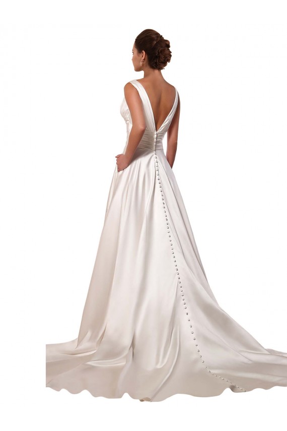 Compre Marfil línea A Cuello en V Cola capilla Satén Vestidos de novia