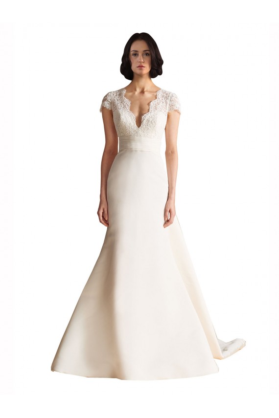 Compre Marfil línea A Cuello en V Cola capilla Satén Vestidos de novia