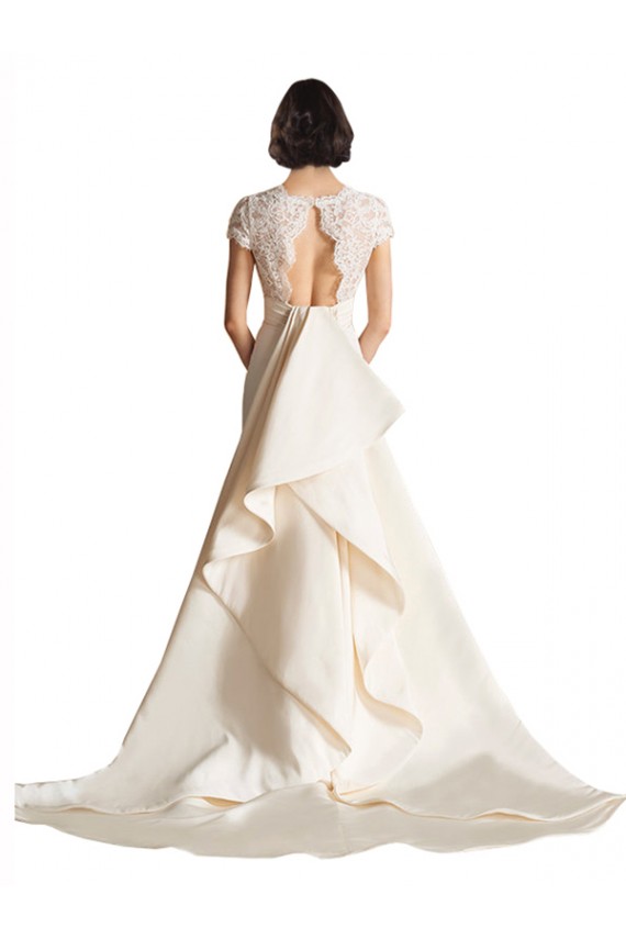 Compre Marfil línea A Cuello en V Cola capilla Satén Vestidos de novia
