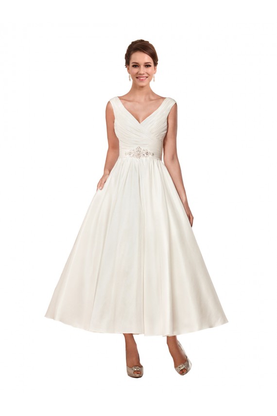 Compre Marfil línea A Cuello en V Satén Vestidos de novia