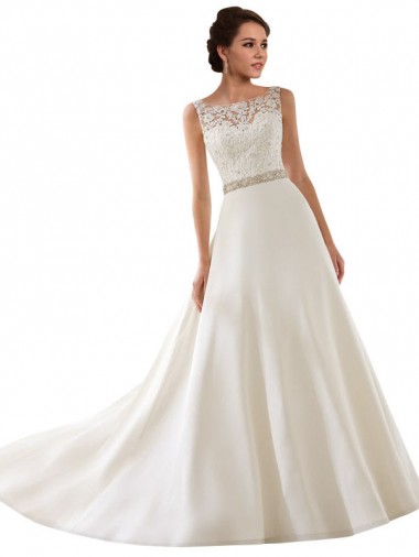 Compre Marfil línea A Ilusión Cola capilla Encaje Vestidos de novia