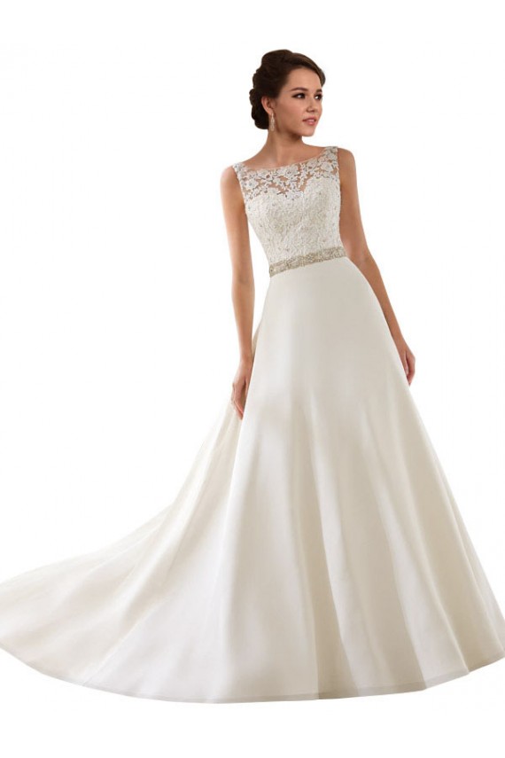 Compre Marfil línea A Ilusión Cola capilla Encaje Vestidos de novia
