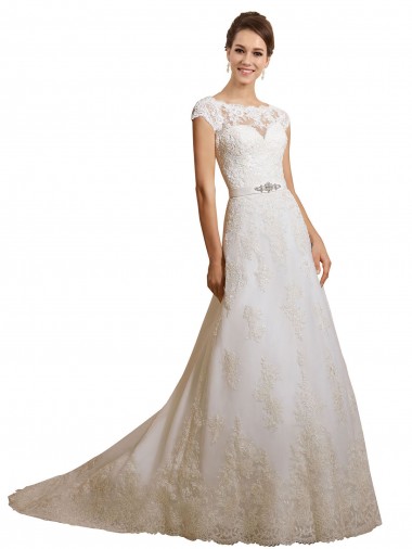 Compre Marfil línea A Ilusión Cola capilla Tul Encaje Clásico Vestidos de novia
