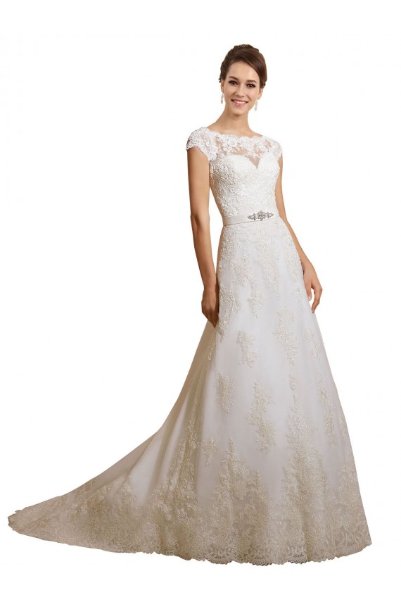 Compre Marfil línea A Ilusión Cola capilla Tul Encaje Clásico Vestidos de novia