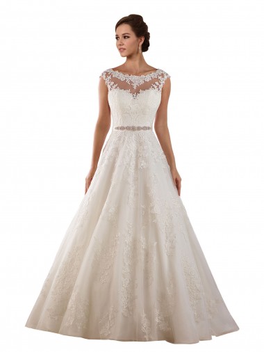 Compre Marfil línea A Ilusión Cola capilla Tul Encaje Clásico Vestidos de novia