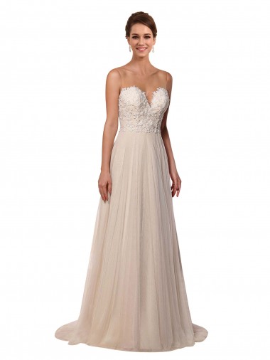 Compre Marfil línea A Ilusión Cola capilla Tul Encaje Vestidos de novia