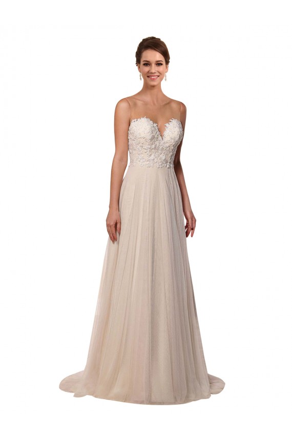 Compre Marfil línea A Ilusión Cola capilla Tul Encaje Vestidos de novia
