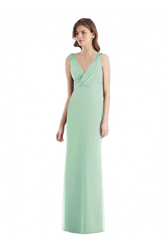 Compre Menta Verde Trompeta Cuello en V Gasa Largo Vestidos de dama de honor