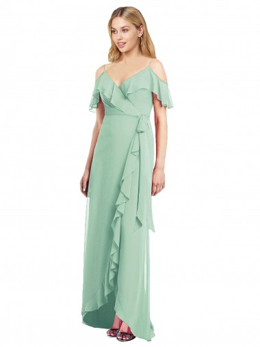 Compre Menta Verde Trompeta Tirantes espagueti Cuello en V Gasa Largo Asimétrico Vestidos de dama de honor