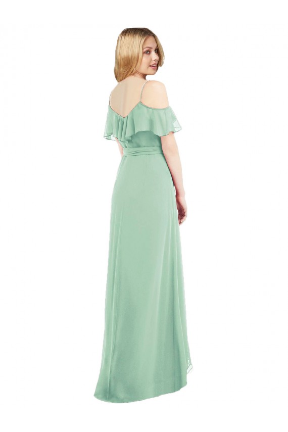 Compre Menta Verde Trompeta Tirantes espagueti Cuello en V Gasa Largo Asimétrico Vestidos de dama de honor