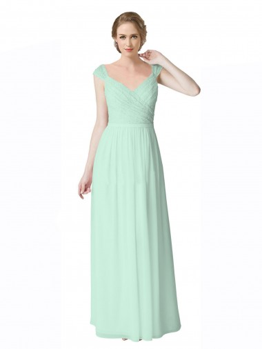 Compre Menta Verde línea A Cuello en V Gasa Encaje Largo Vestidos de dama de honor