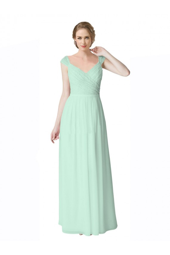 Compre Menta Verde línea A Cuello en V Gasa Encaje Largo Vestidos de dama de honor