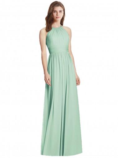 Compre Menta Verde línea A Halter Gasa Largo Vestidos de dama de honor