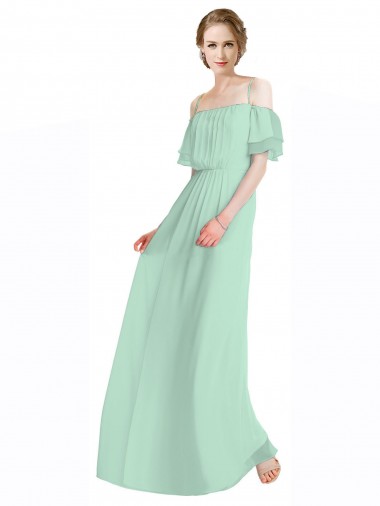 Compre Menta Verde línea A Hombros Descubiertos Tirantes espagueti Gasa Largo Vestidos de dama de honor
