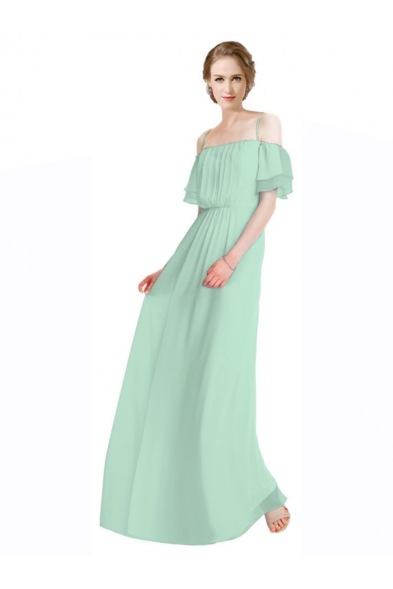Compre Menta Verde línea A Hombros Descubiertos Tirantes espagueti Gasa Largo Vestidos de dama de honor