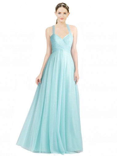Compre Menta Verde línea A Tirantes espagueti Tul Largo Vestidos de dama de honor