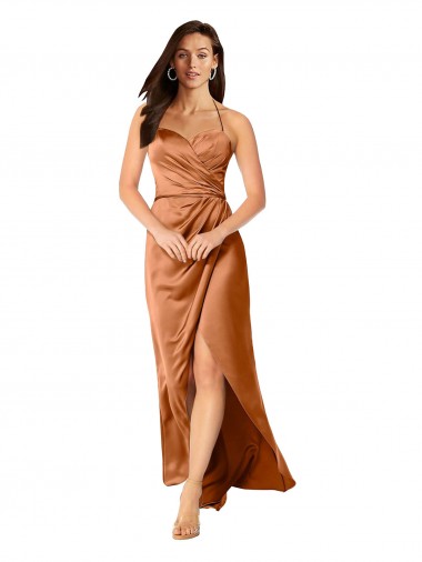 Compre Naranja línea A Tirantes espagueti Satén sedoso Largo Asimétrico Formales Vestidos de dama de honor / Vestidos de fiesta
