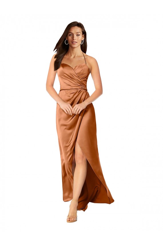 Compre Naranja línea A Tirantes espagueti Satén sedoso Largo Asimétrico Formales Vestidos de dama de honor / Vestidos de fiesta