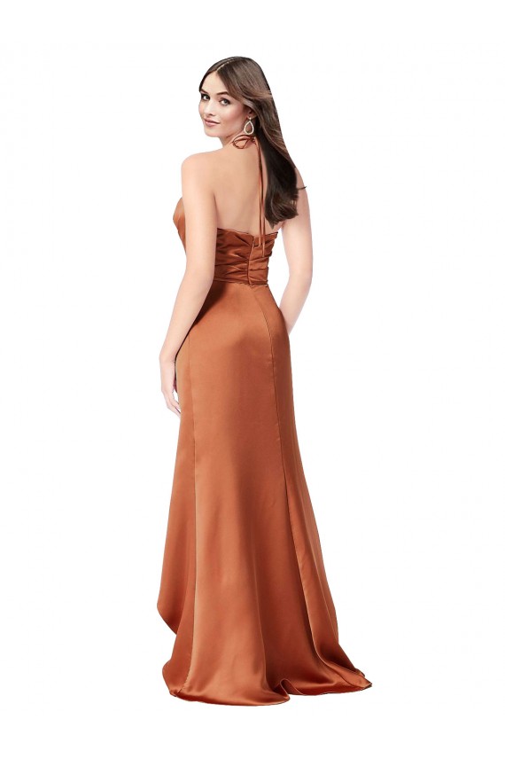 Compre Naranja línea A Tirantes espagueti Satén sedoso Largo Asimétrico Formales Vestidos de dama de honor / Vestidos de fiesta