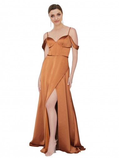 Compre Naranja línea A Tirantes espagueti Satén sedoso Largo Formales Vestidos de dama de honor / Vestidos de fiesta