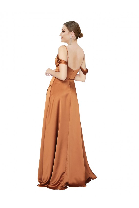 Compre Naranja línea A Tirantes espagueti Satén sedoso Largo Formales Vestidos de dama de honor / Vestidos de fiesta