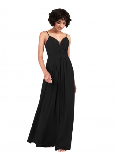 Compre Negro Columna Cuello en V Gasa Largo Formales Vestidos de dama de honor / Vestidos de noche
