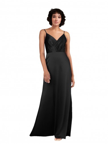Compre Negro Columna Cuello en V Satén sedoso Largo Asimétrico Formales Vestidos de dama de honor / Vestidos de fiesta