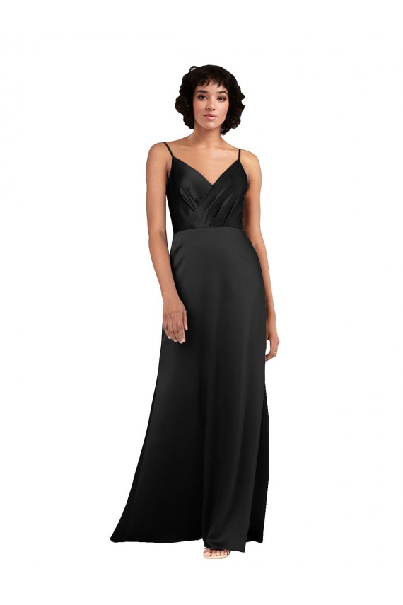 Compre Negro Columna Cuello en V Satén sedoso Largo Asimétrico Formales Vestidos de dama de honor / Vestidos de fiesta