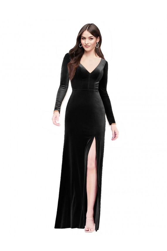 Compre Negro Columna Cuello en V Terciopelo Elástico Largo Formales Vestidos de dama de honor / Vestidos de fiesta