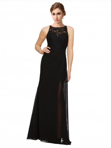 Compre Negro Cubierta Cuello Alto Gasa Encaje Largo Vestidos de dama de honor