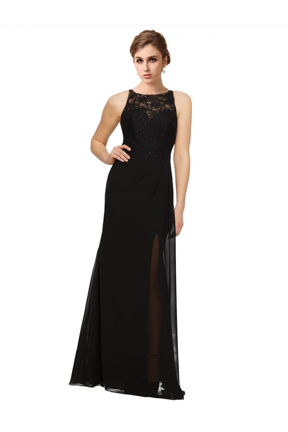 Compre Negro Cubierta Cuello Alto Gasa Encaje Largo Vestidos de dama de honor