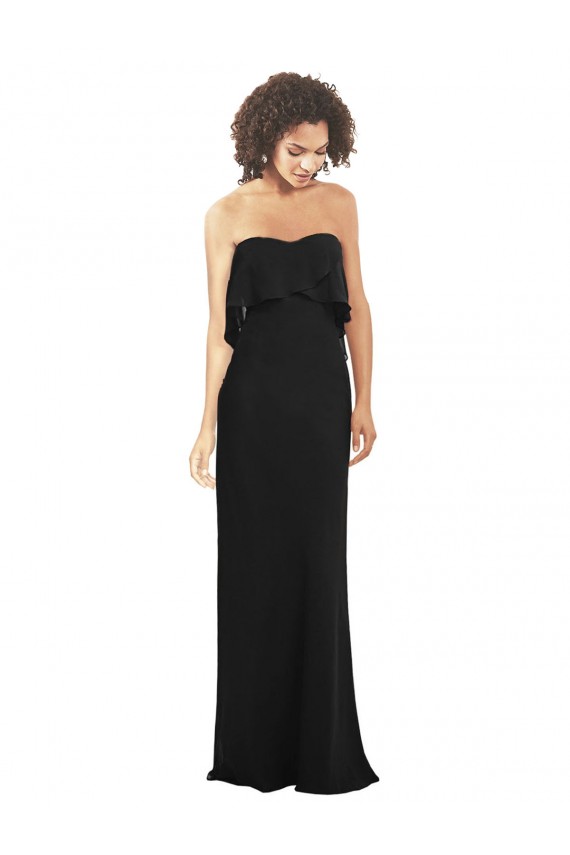 Compre Negro Cubierta Cuello de Corazón Sin tirantes Gasa Largo Vestidos de dama de honor
