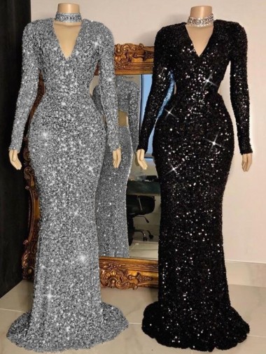 Compre Negro Cubierta Cuello en V Barrer tren Lentejuelas Terciopelo Largo Vestidos de fiesta