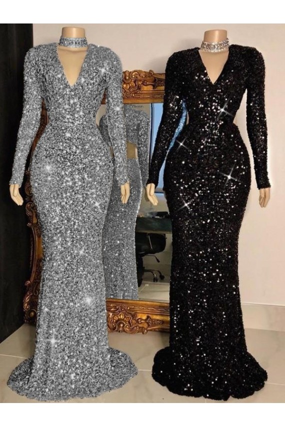 Compre Negro Cubierta Cuello en V Barrer tren Lentejuelas Terciopelo Largo Vestidos de fiesta