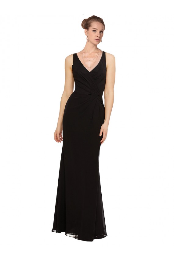 Compre Negro Cubierta Cuello en V Gasa Largo Vestidos de dama de honor