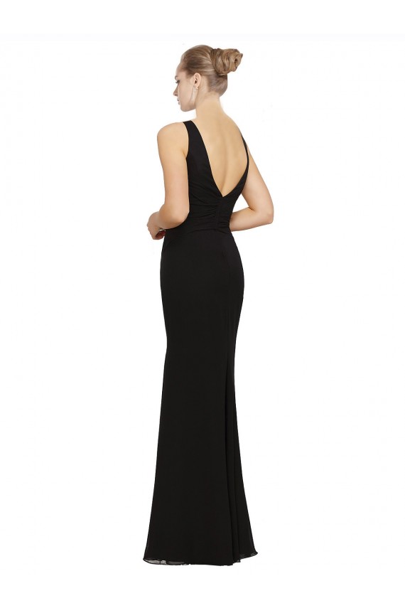 Compre Negro Cubierta Cuello en V Gasa Largo Vestidos de dama de honor