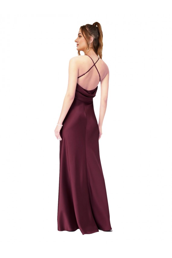 Compre Negro Cubierta Cuello en V Satén sedoso Largo Formales Vestidos de dama de honor / Vestidos de fiesta