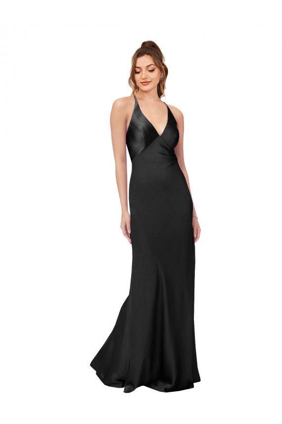 Compre Negro Cubierta Cuello en V Satén sedoso Largo Formales Vestidos de dama de honor / Vestidos de fiesta