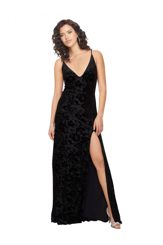 Compre Negro Cubierta Cuello en V Terciopelo floral Terciopelo Elástico Largo Vestidos de dama de honor