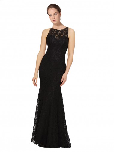 Compre Negro Cubierta Cuello joya Encaje Largo Vestidos de dama de honor