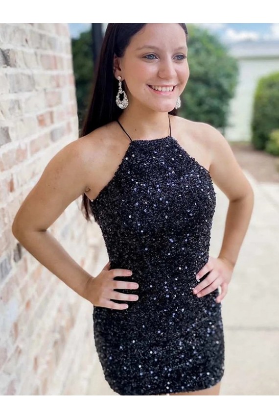 Compre Negro Cubierta Halter Corto Lentejuelas Terciopelo Corto Vestidos de fiesta