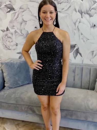 Compre Negro Cubierta Halter Corto Lentejuelas Terciopelo Corto Vestidos de fiesta
